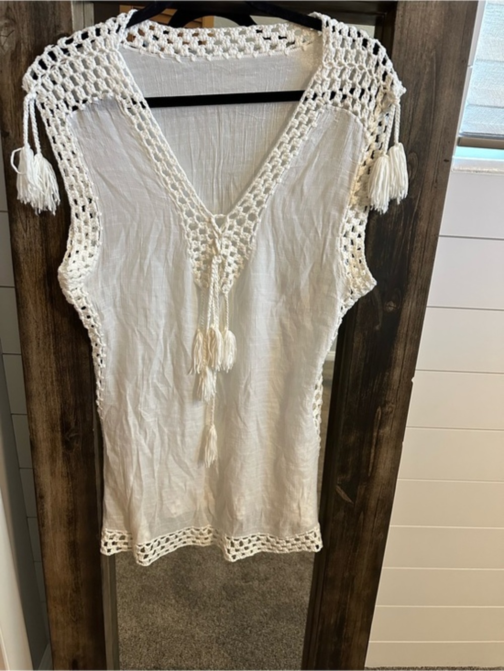 Boho Ivory Crochet Trim Swim Cover Up Tassel Beach Tunic Crochet Lace resort OS